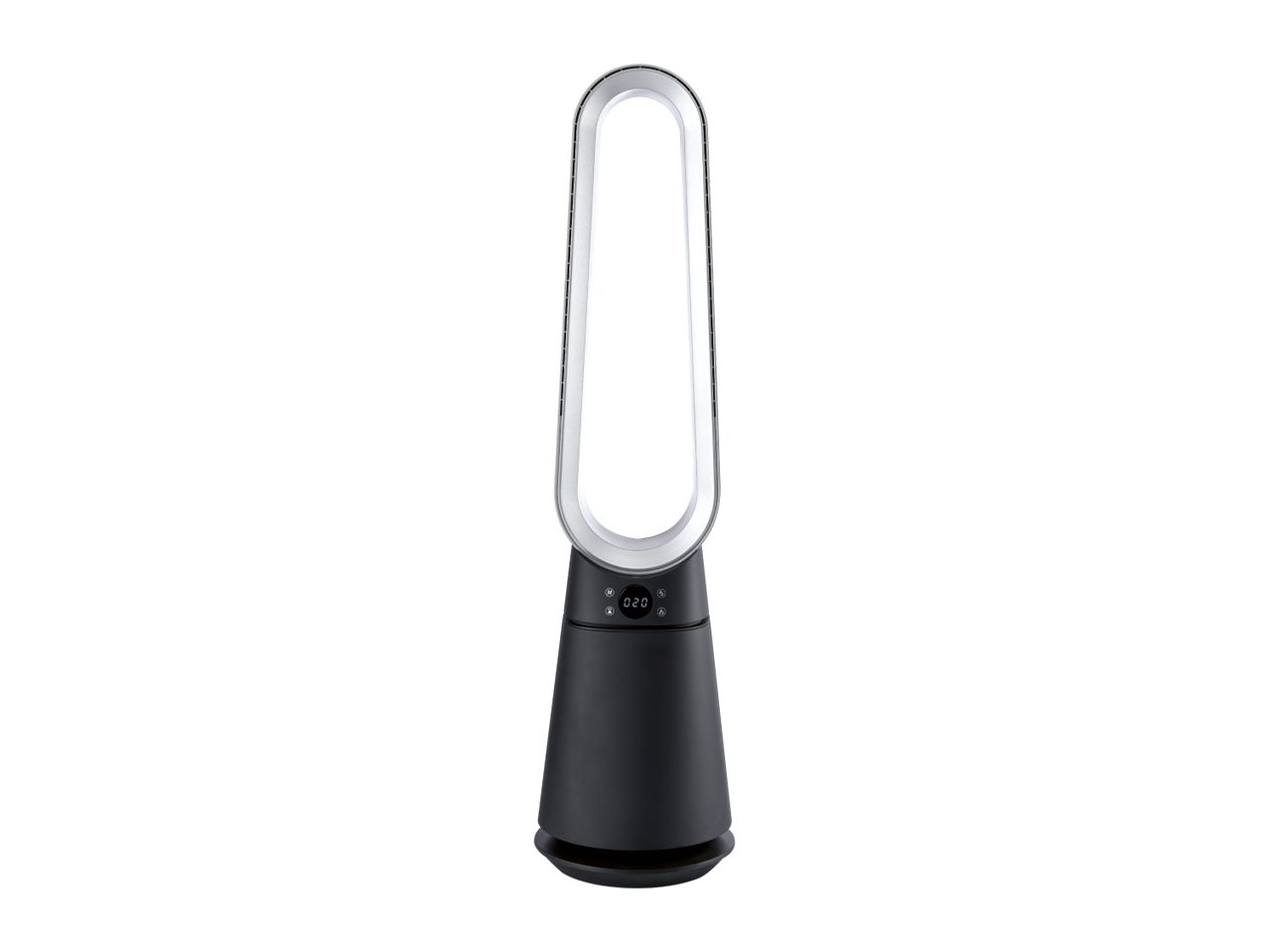 Black and silver bladeless fan with a digital display showing '020'.
