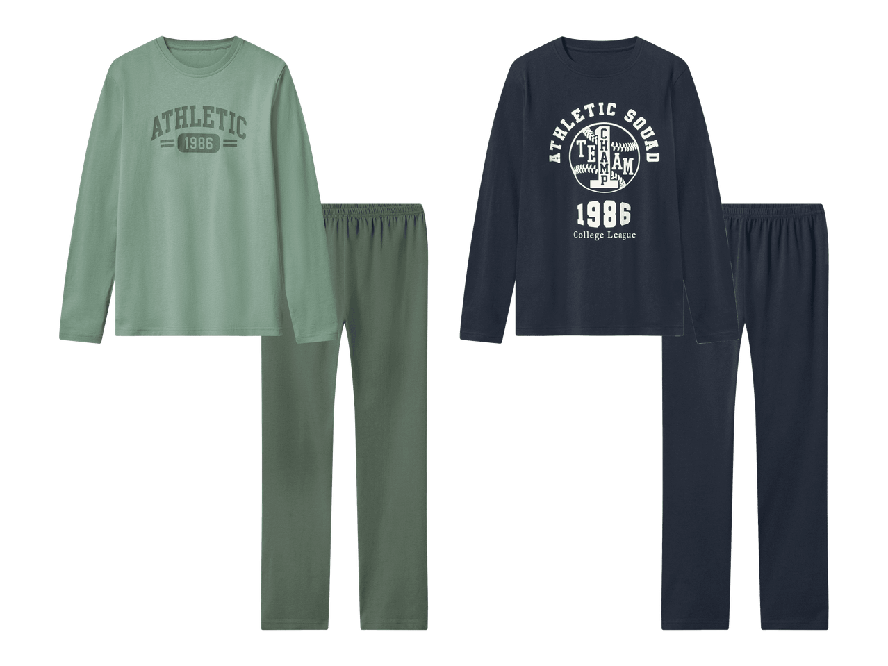 Kaksi miesten pyjamapukua, toinen vihreä ja toinen tummansininen, molemmissa urheiluteemaisia painatuksia.