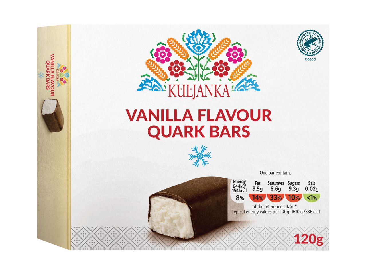 Vanilla flavour quark bars with nutritional information and a Rainforest Alliance cocoa seal.