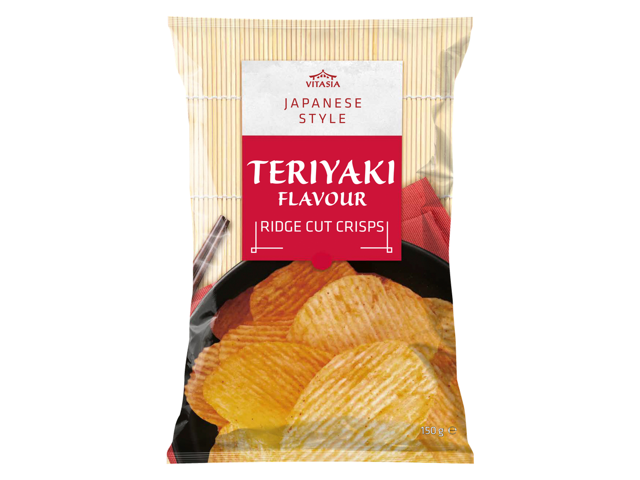 Teriyaki flavour ridge cut crisps in a bag with a Japanese style design.