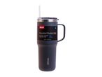 A black, stainless steel travel mug with a handle and straw.