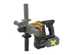 A cordless rotary hammer drill with a gold and black body, and an attached battery pack.