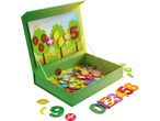 Numere și simboluri matematice magnetice cu tematică fructe într-o cutie verde.
