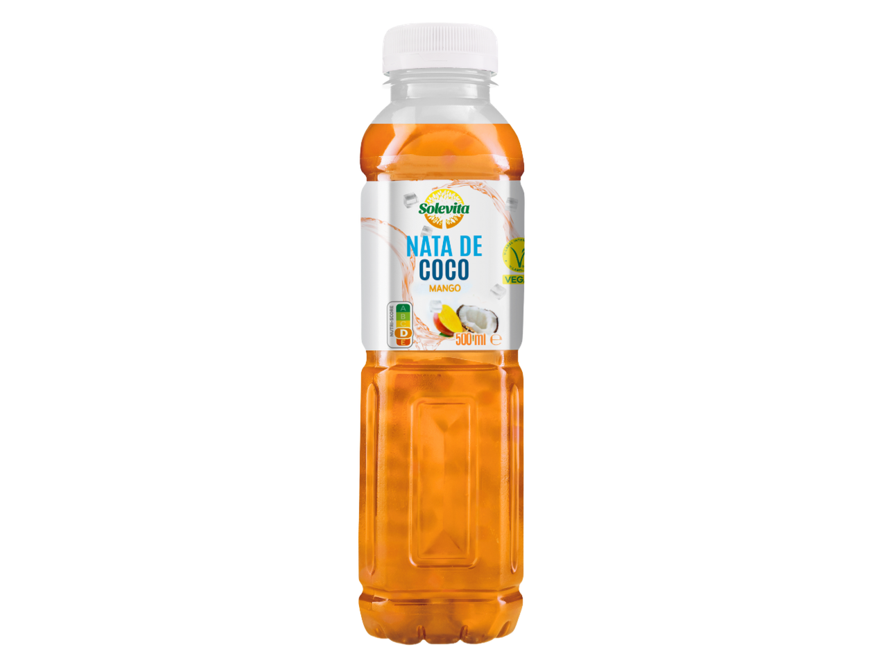 Бутилка напитка с кокос и манго, с етикет Nutri-Score D и веган сертификат.