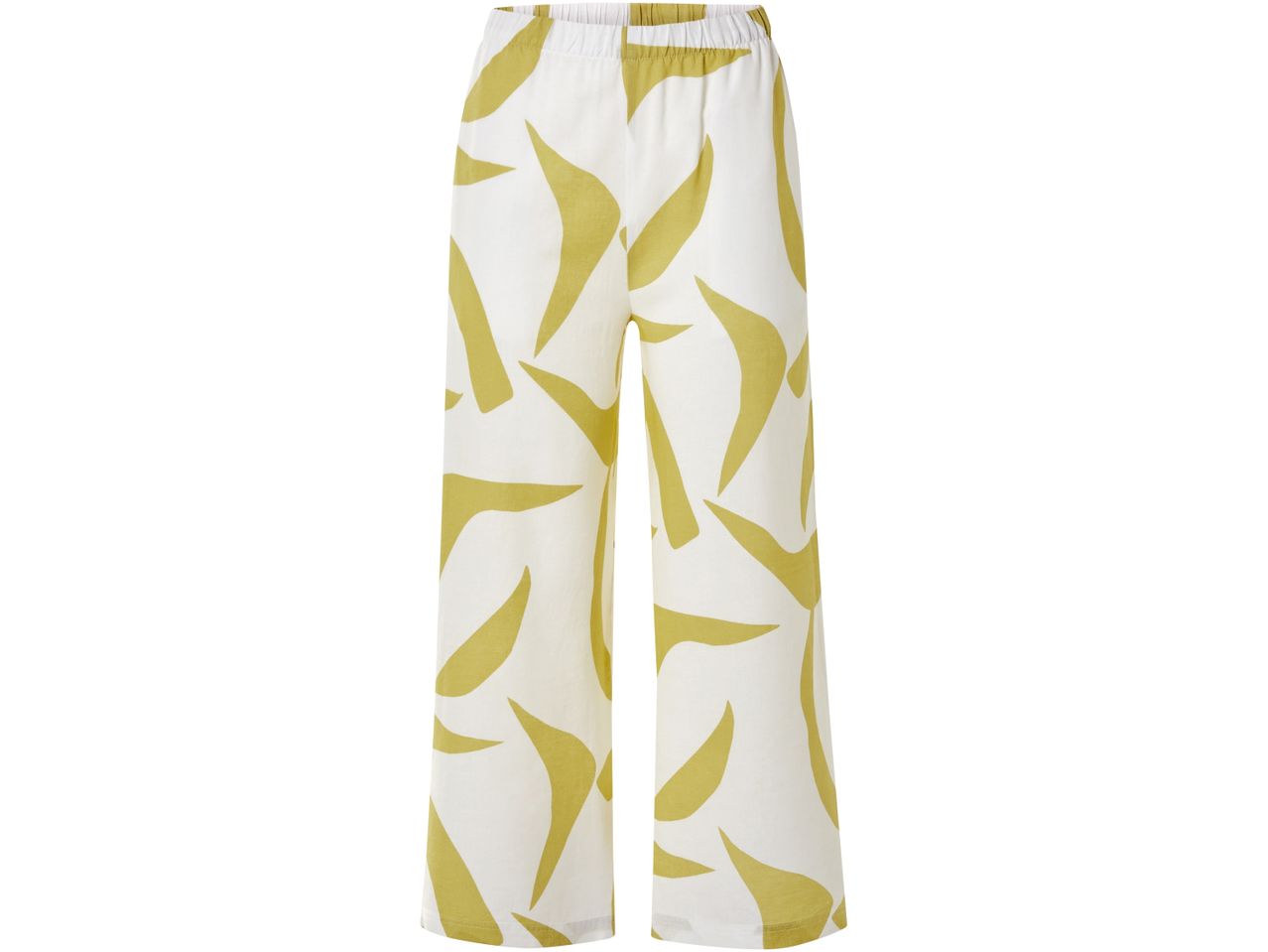 Pantaloni ampi a vita alta con stampa astratta verde oliva su sfondo bianco.