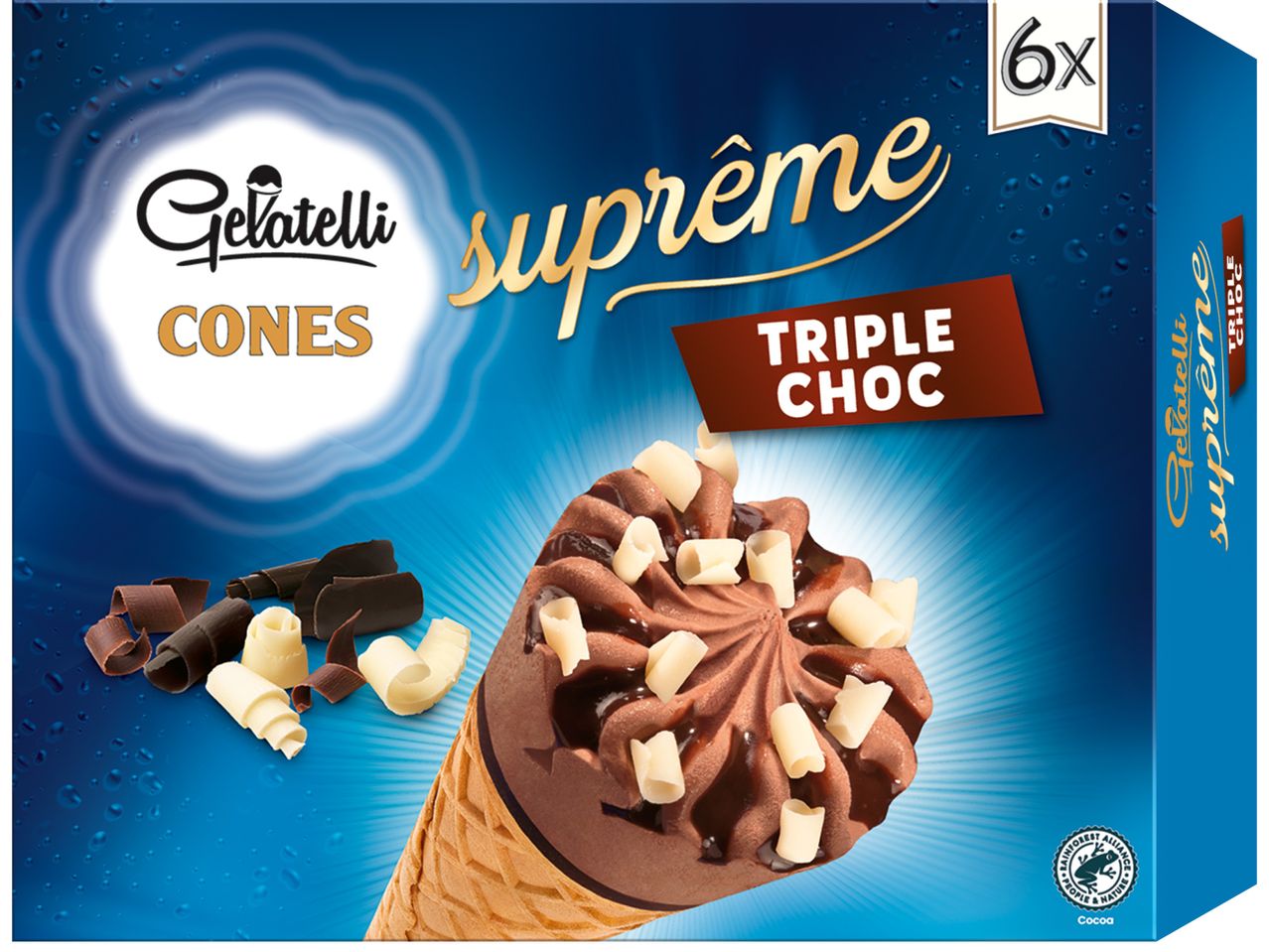 Кутия Gelatelli Suprême Cones Triple Choc с 6 броя фунийки сладолед.