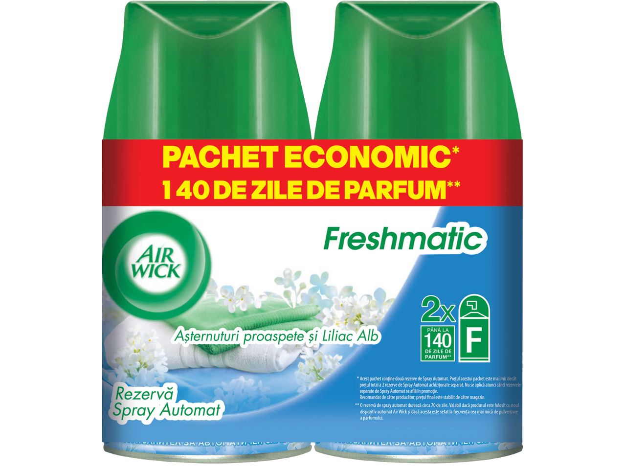 Две опаковки Air Wick Freshmatic с аромат на свежо спално бельо и бял люляк, предлагащи 140 дни аромат.