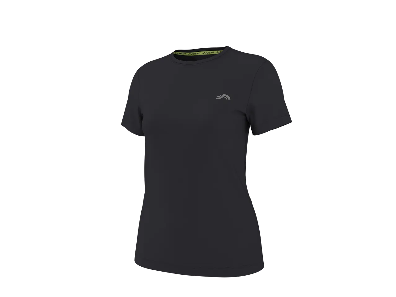 T-shirt de sport noir pour femme avec un petit logo gris sur la poitrine et un liseré vert fluo au col.