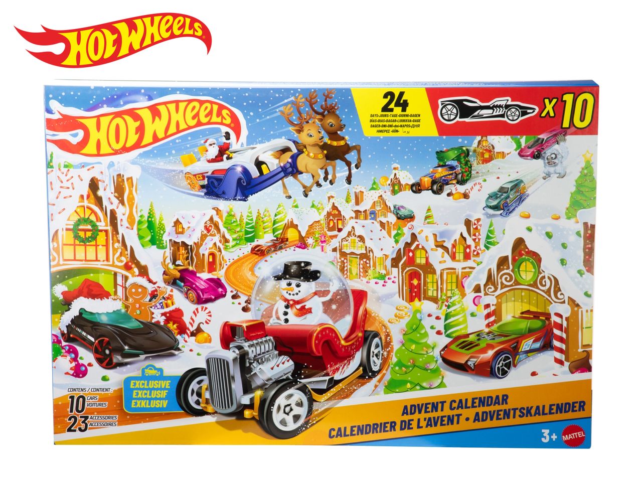 Hot Wheels Advent Calendar with 10 cars and 23 accessories, featuring a festive winter scene.