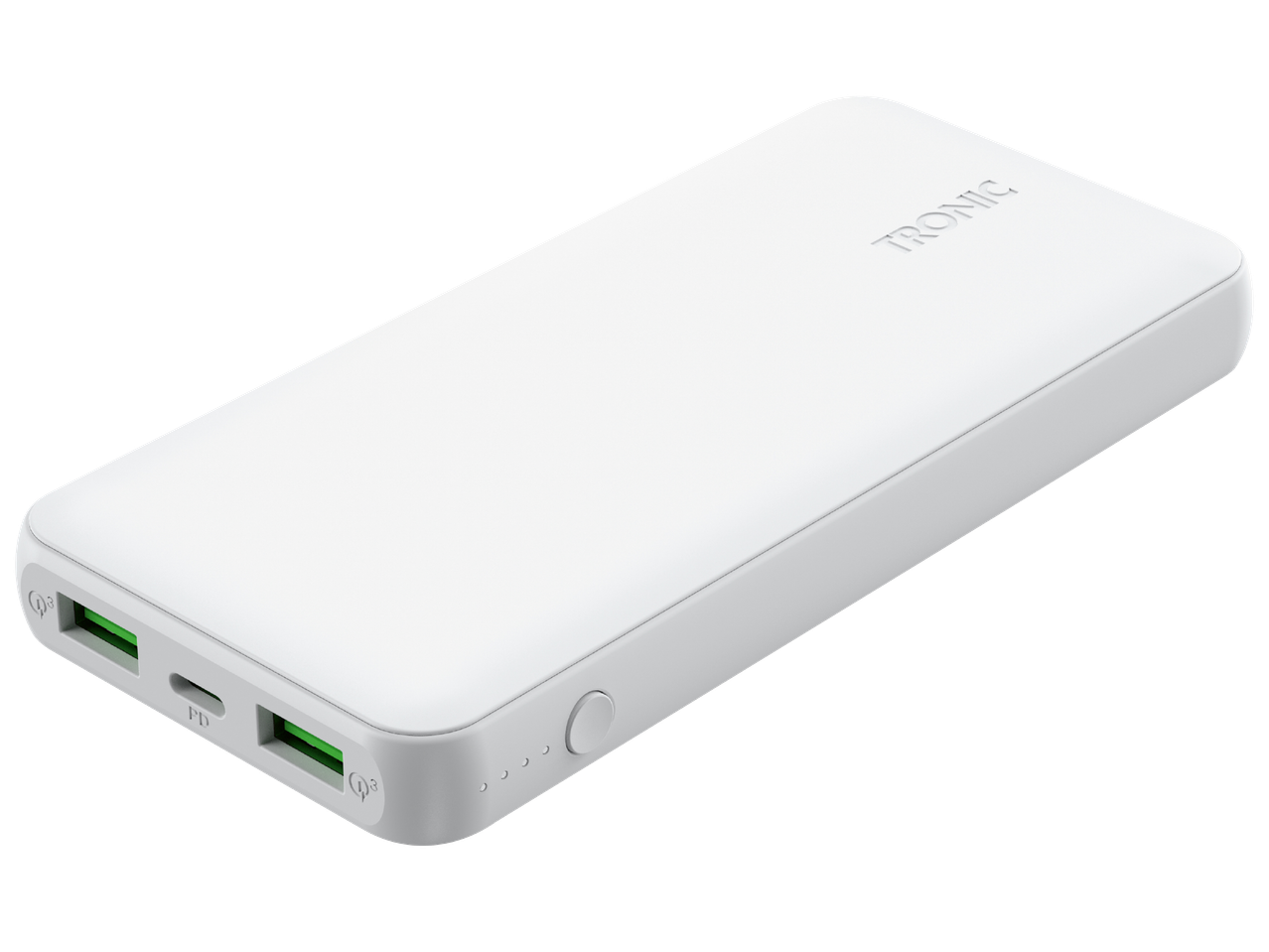 Бяла преносима батерия с USB портове и индикатор за зареждане.