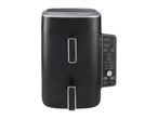 Black dual air fryer with digital display and various cooking functions.