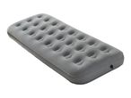 Grey inflatable air mattress with a textured surface and an air valve.