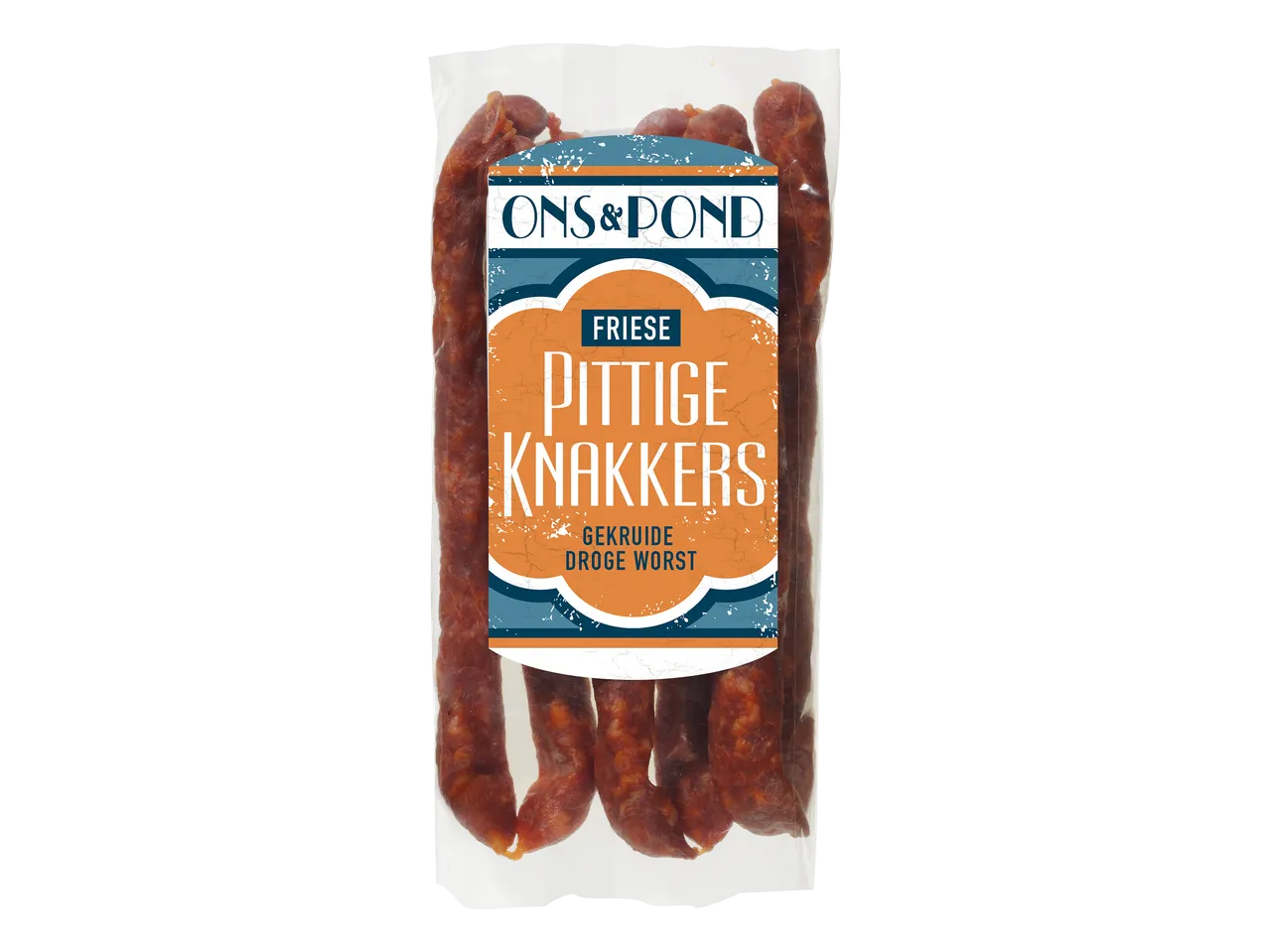 Verpakking met Friese pittige knakkers, gekruide droge worst.