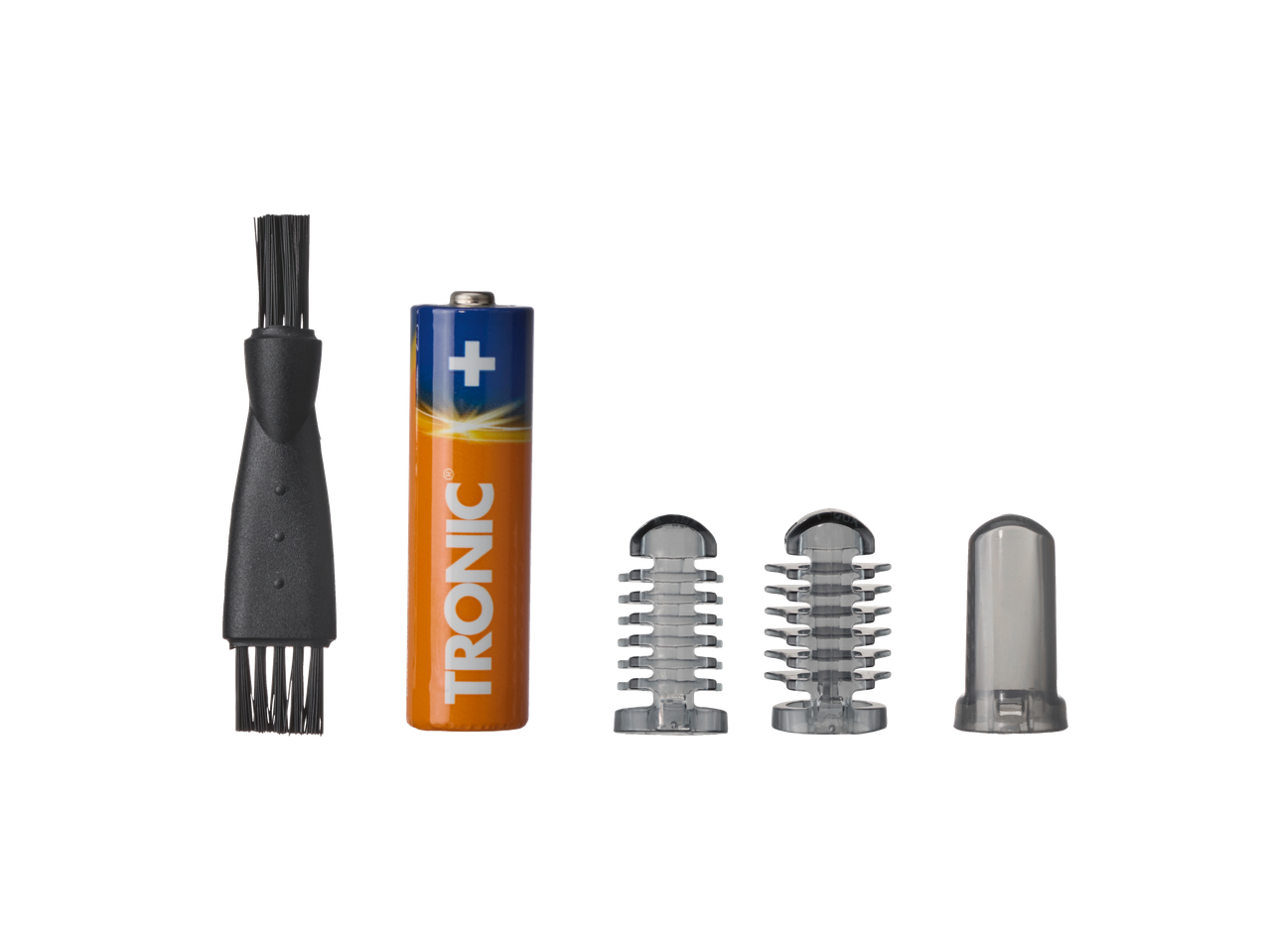 Nose & Ear Hair Trimmer accessories: cleaning brush, TRONIC battery, and two trimmer attachments.