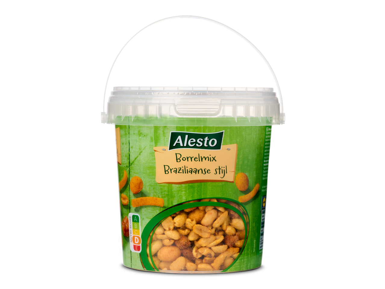Alesto Braziliaanse borrelmix: pinda's en knapperige snacks in een emmer.