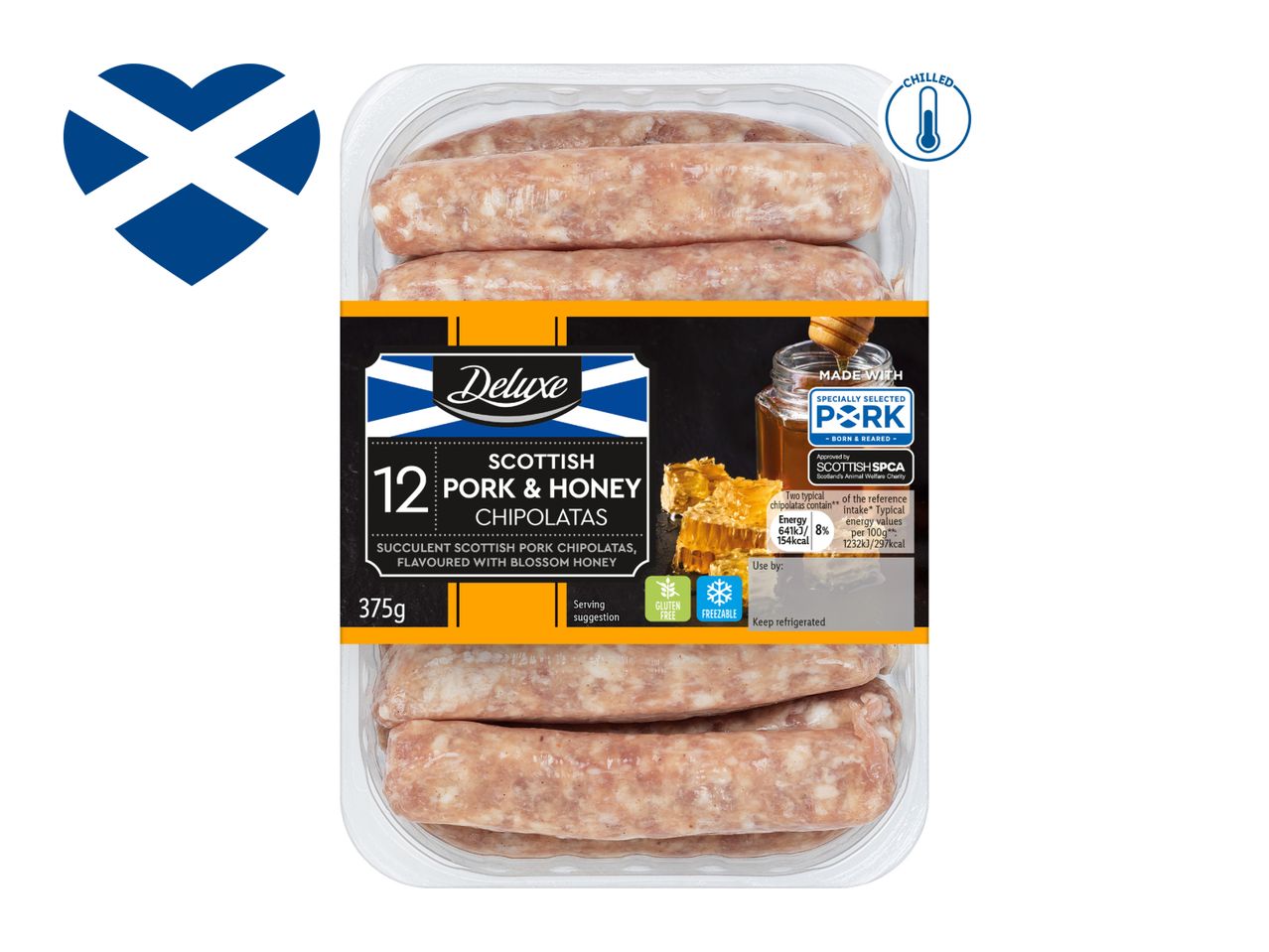 A pack of 12 Scottish pork and honey chipolatas, 375g, with nutritional information and cooking suggestions.