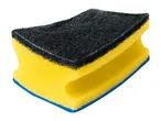 A yellow and black cleaning sponge with a blue border.