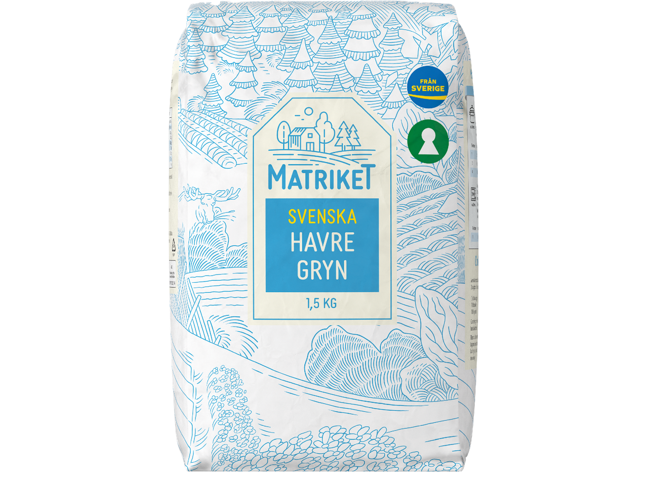 Matriket Swedish Havregryn, 1,5 kg förpackning med blå och vit design.