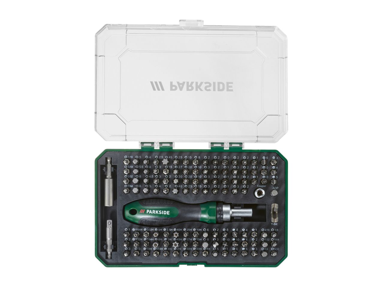 A green-handled precision screwdriver set with numerous bits, neatly organized in a plastic case.