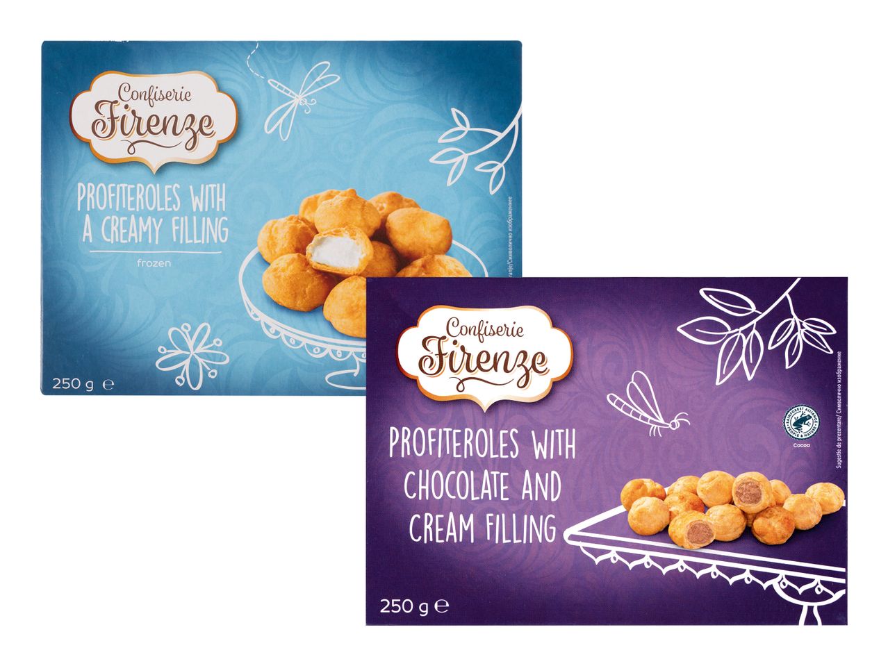 Profiterole Confiserie Firenze congelate cu cremă și cremă cu ciocolată.