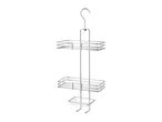 Chrome-plated shower caddy with two shelves, a soap dish, and two hooks, designed to hang.
