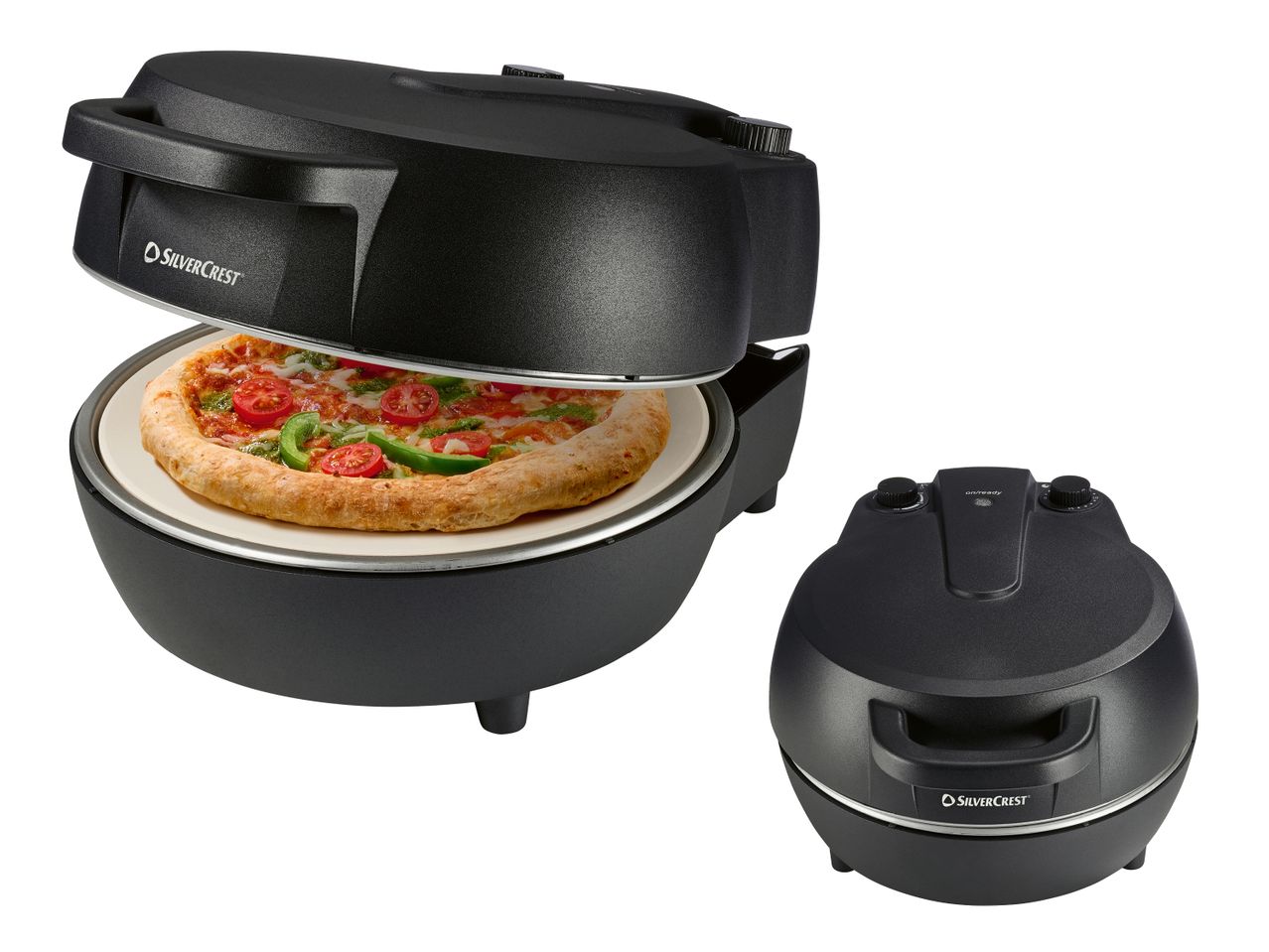 SilverCrest Pizzaofen mit geöffnetem Deckel und einer Pizza, daneben ein geschlossener Pizzaofen