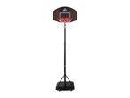 Portable basketball hoop with a black backboard, red rim, and white net on a black base.