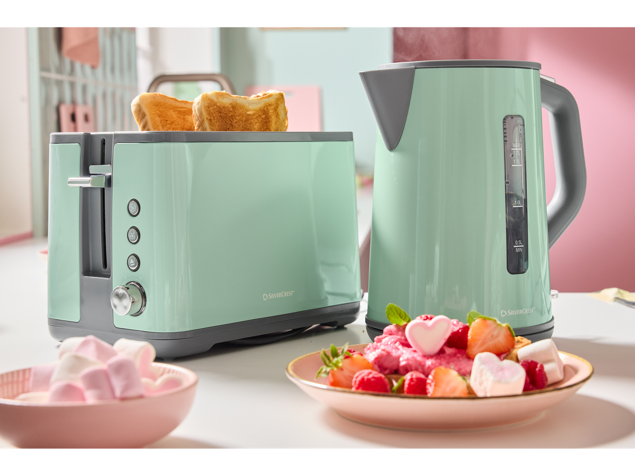 SilverCrest pastel green kettle and toaster set with breakfast treats.