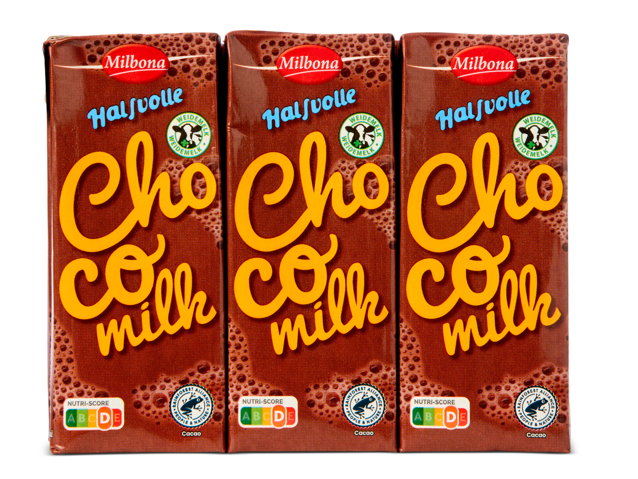 Drie pakken Milbona Halbvolle chocolademelk.