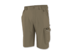 Khakifarbene Arbeitsshorts mit elastischem Bund und Seitentasche mit Patte.