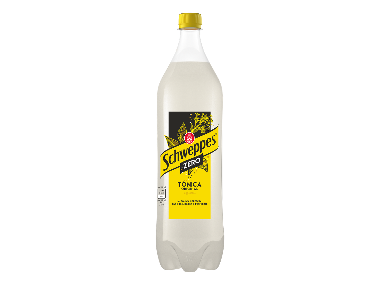 Garrafa de tónica original zero, com rótulo amarelo e preto.
