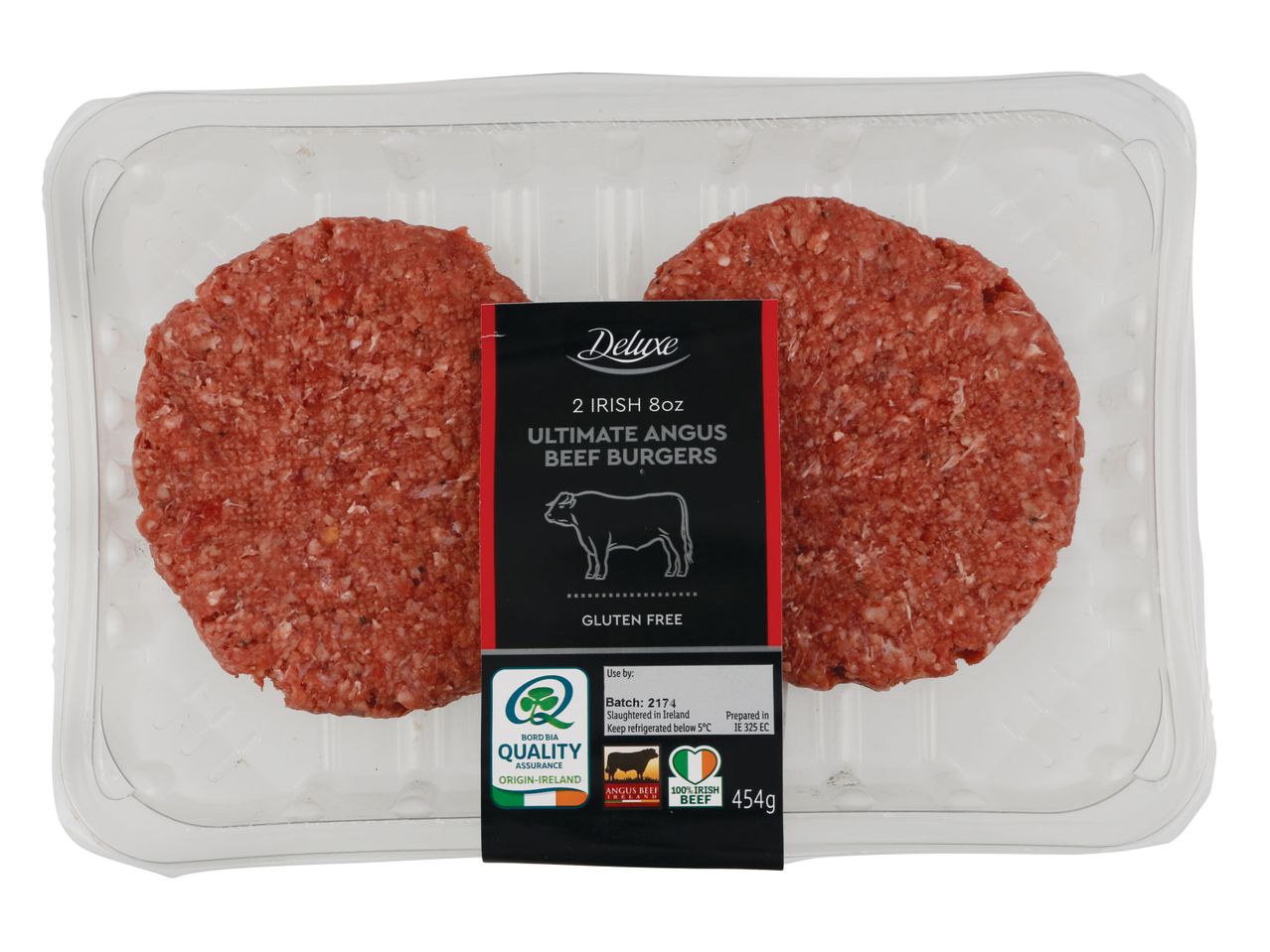 Two Deluxe Irish Angus beef burgers, gluten-free.