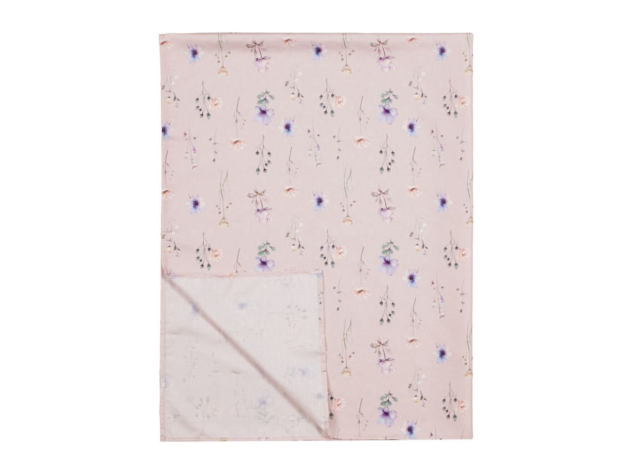 Pink floral patterned fabric with delicate watercolor flowers and a folded corner.