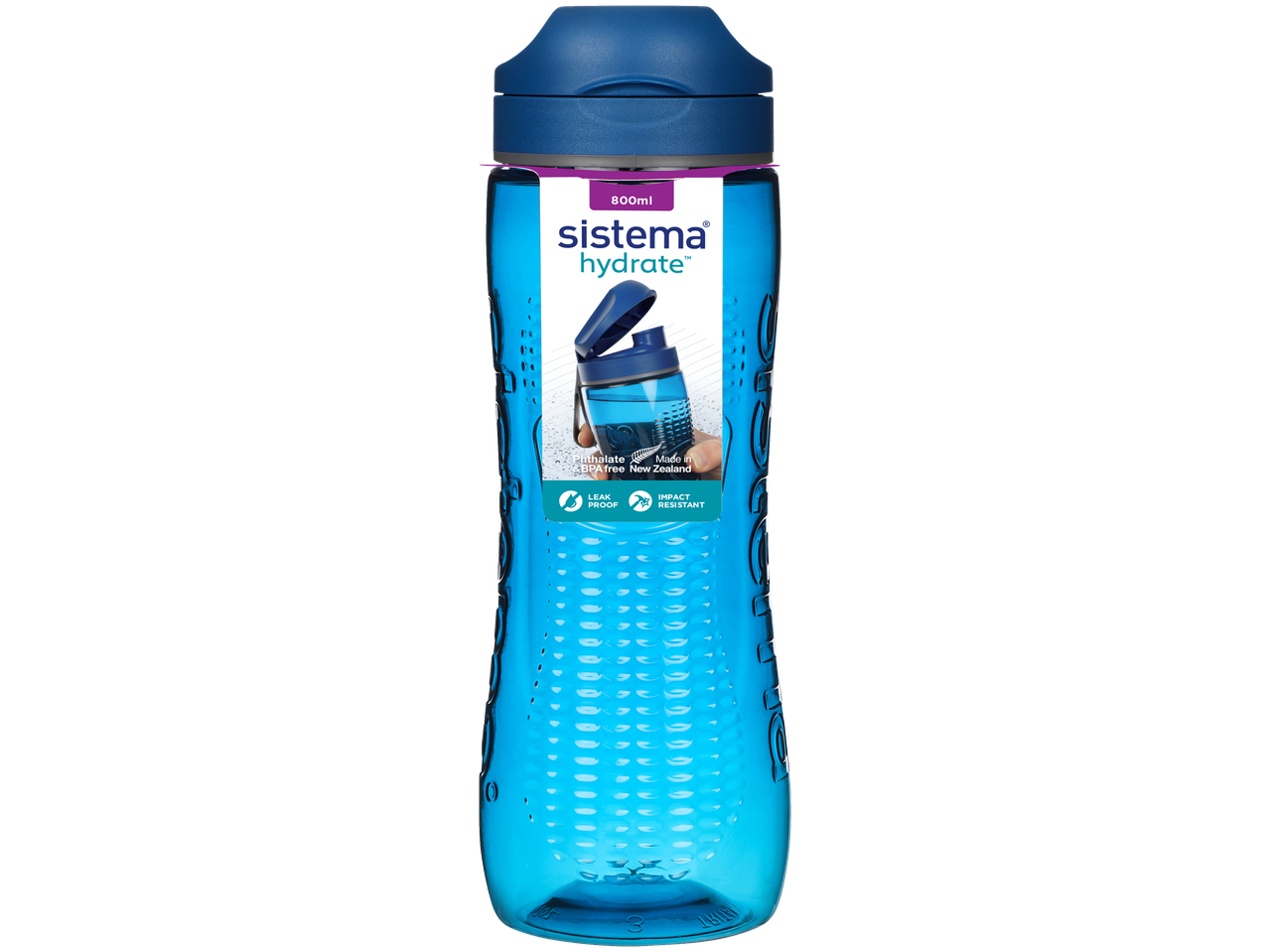 Garrafa de água azul de 800 ml com tampa, à prova de fugas e resistente a impactos.