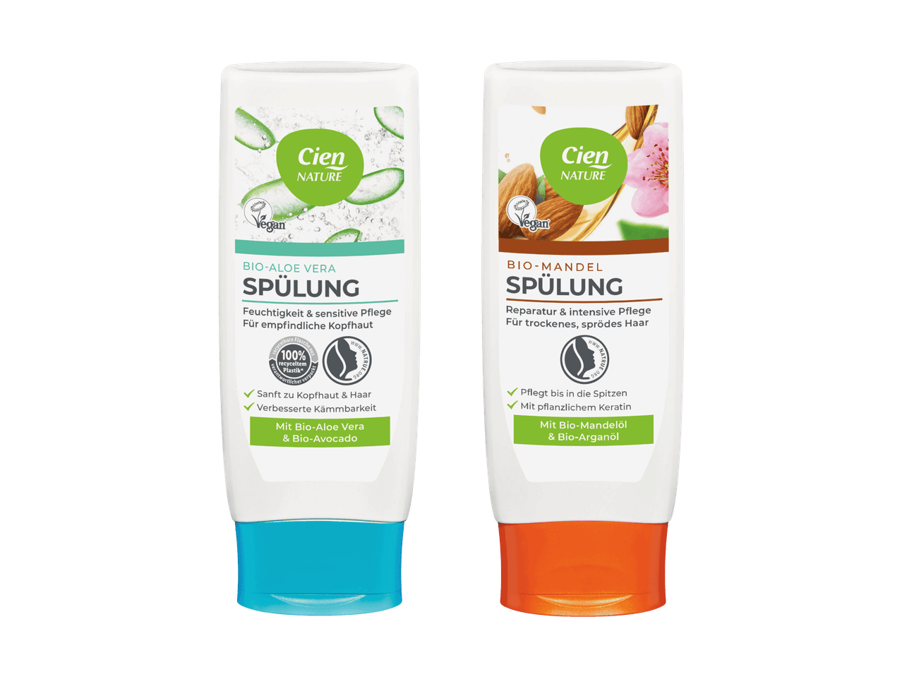 Zwei Flaschen Haarspülung mit Bio-Aloe Vera und Bio-Mandelöl.