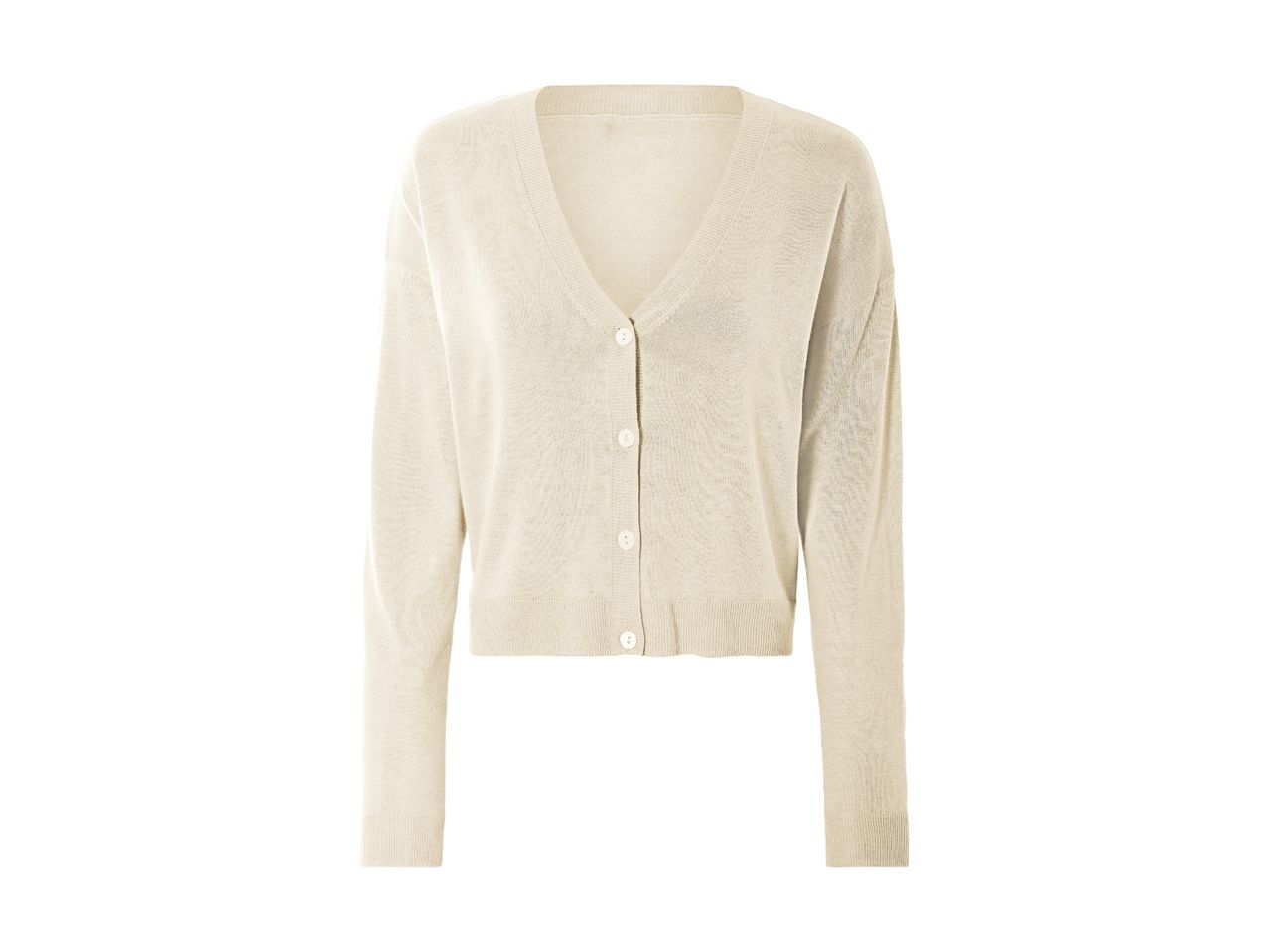 En lys beige cardigan.