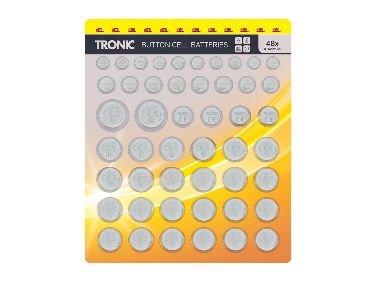 A pack of 48 button cell batteries in various sizes on a yellow and white background.