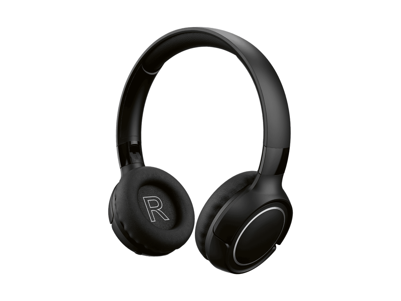 Schwarze Over-Ear-Kopfhörer mit Lederpolsterung und 'R'-Logo auf der linken Ohrmuschel.