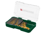 Open drill bit set in a green and clear plastic case, with gold-colored drill bits