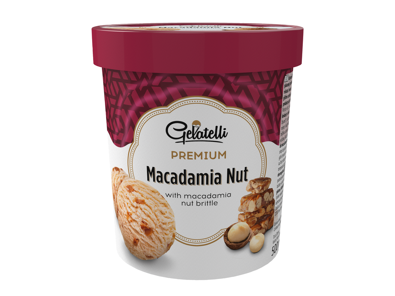 Gelatelli Premium înghețată cu nucă de macadamia și crocant din nucă de macadamia.