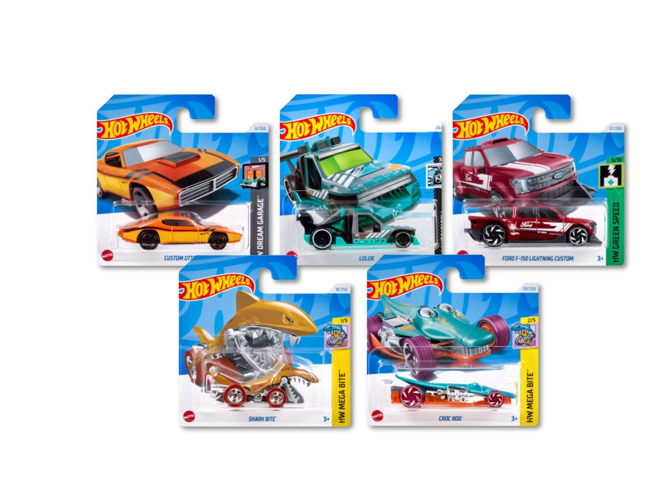 Piecu Hot Wheels mašīnu komplekts dažādās krāsās un dizainā.