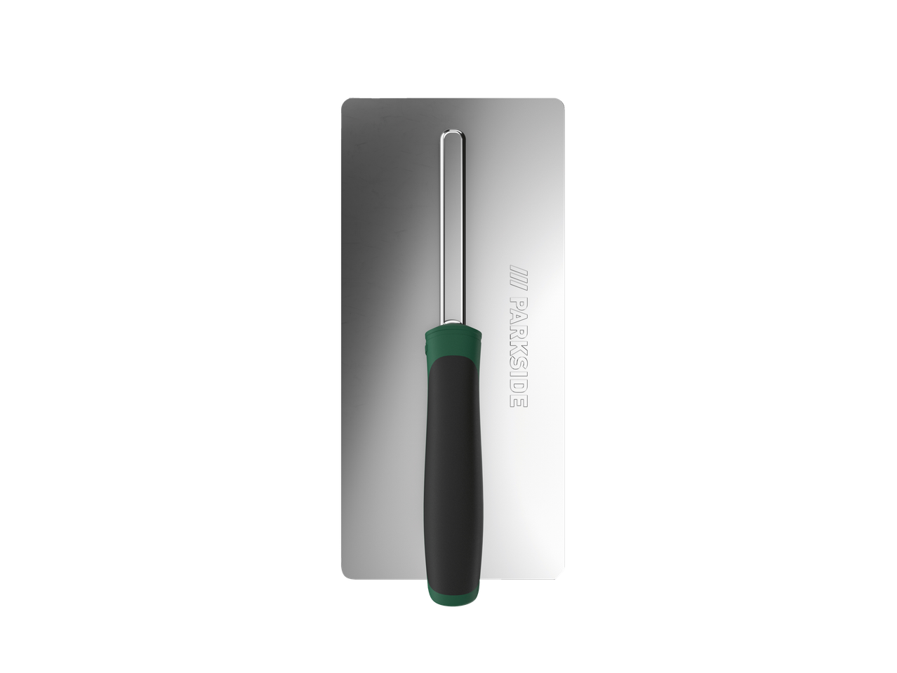 A Parkside trowel with a green and black handle on a black background.