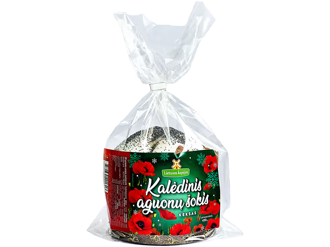 Lietuvos kepėjo Kalėdinis aguonų šokio keksas, supakuotas permatomame maišelyje.