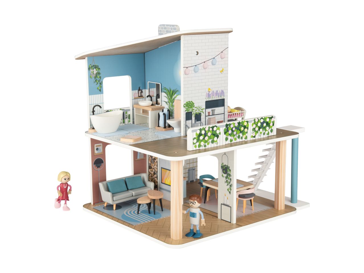 Modern wooden dollhouse with two floors, furniture, and two doll figures.