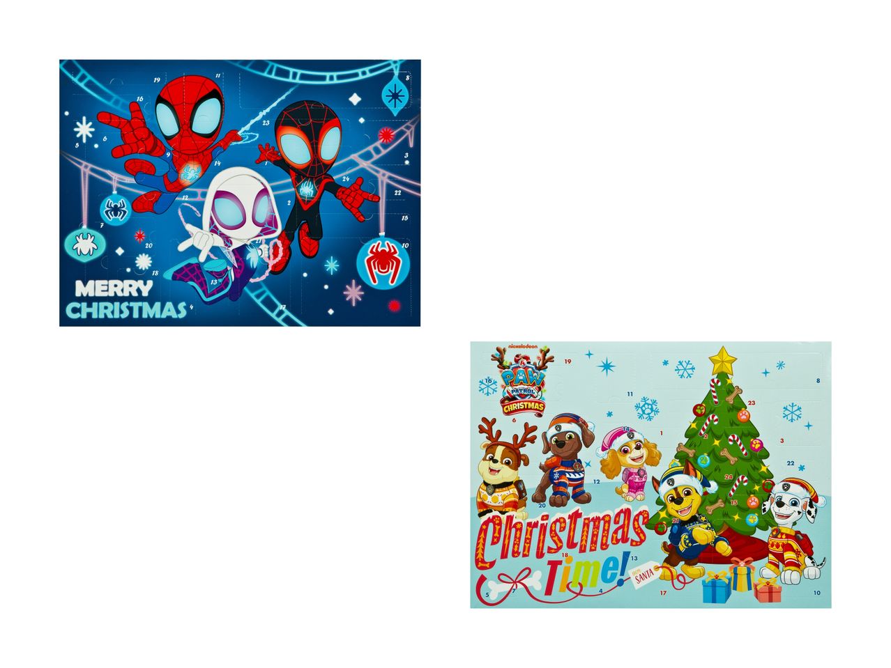 To julekalendere: en med Spider-Man-tema og en med Paw Patrol-tema.
