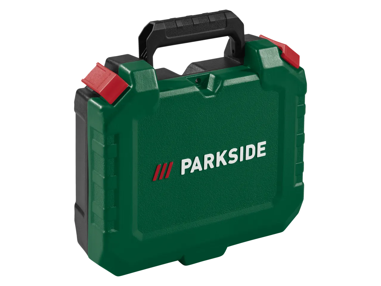 Zöld szerszámosláda fekete fogantyúval és piros kapcsokkal.