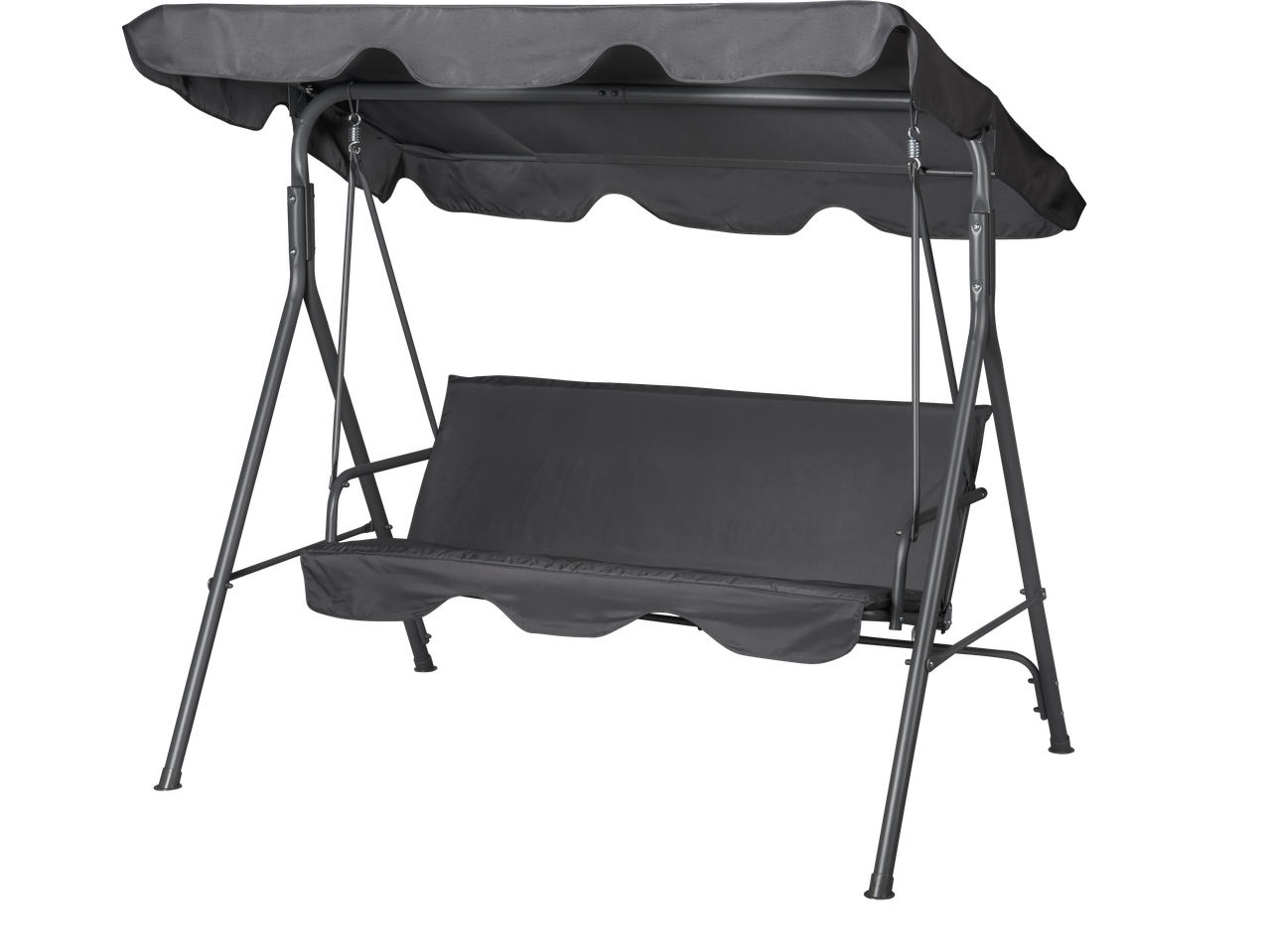 Dark grey garden swing with a canopy and cushioned seating.