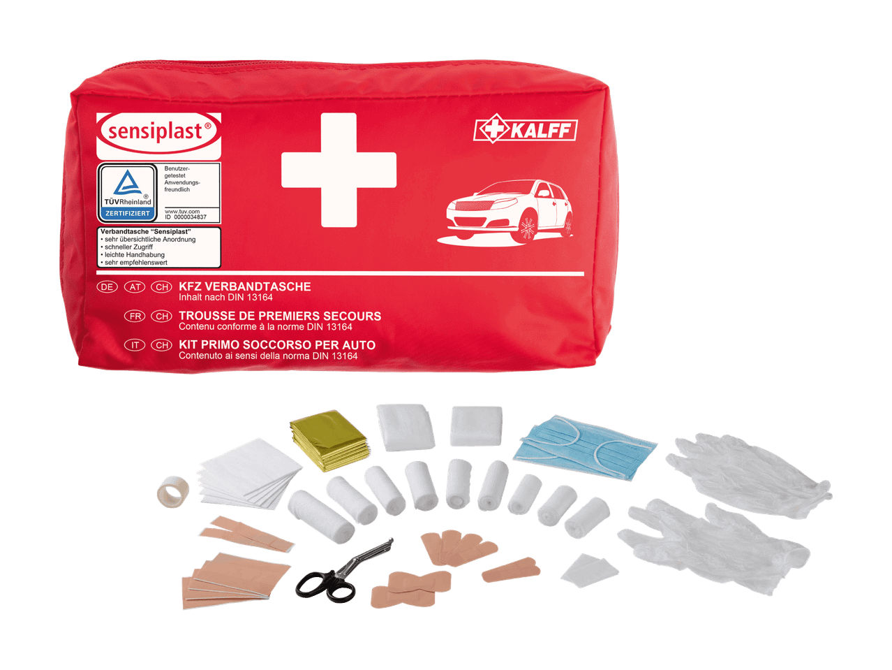 Rote Kfz-Verbandtasche mit medizinischem Inhalt und TÜV Rheinland-Logo.