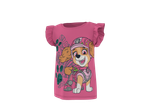 T-shirt rosa infantil com estampa de cão de desenho animado e folhas tropicais.