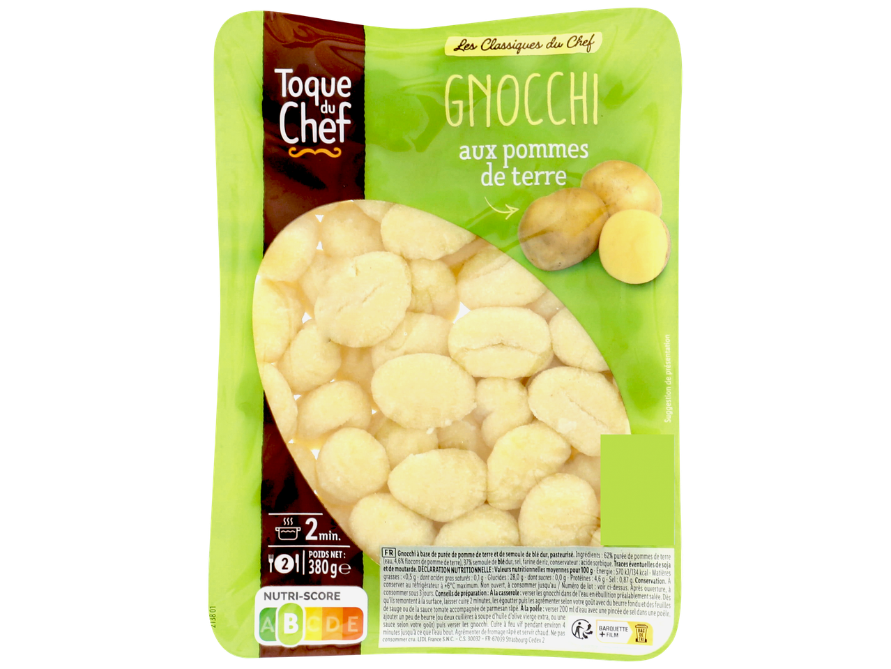 Un paquet de gnocchis aux pommes de terre, avec la marque Toque du Chef et un Nutri-Score A.